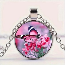 Pink Butterfly Round Pendant Necklace Perfect Fashion Gift for Friends Partners