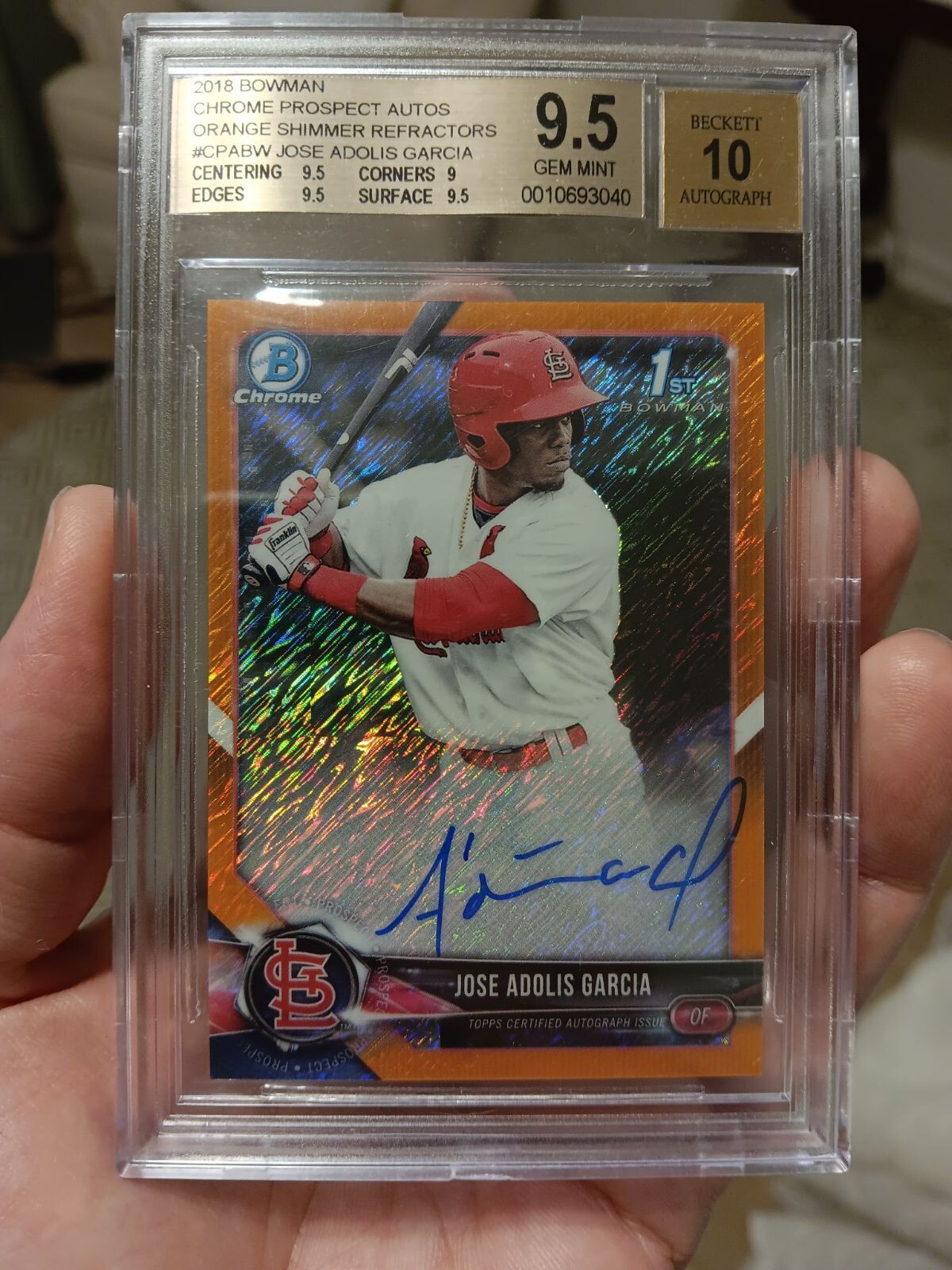 2018 BOWMAN CHROME ORANGE REFRACTOR JOSE ADOLIS GARCIA RC AUTO 6/25 CGS 9.5/10