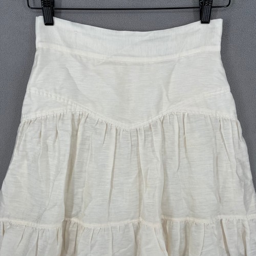 Shona Joy Skirt Womens 10 White Beige Linen Tier Smocked Midi A Line Peasant - Picture 2 of 16
