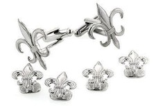 Fleur de lis Cufflink and Stud Set Silver Finish