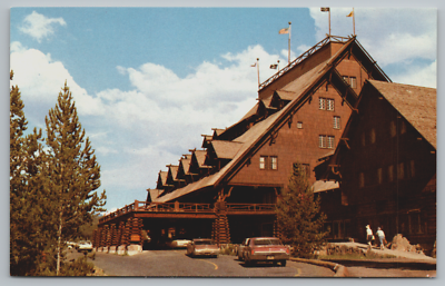 #ad Postcard Old Faithful Inn Upper Geyser Basin Yellowstone Wyoming Cars $7.50