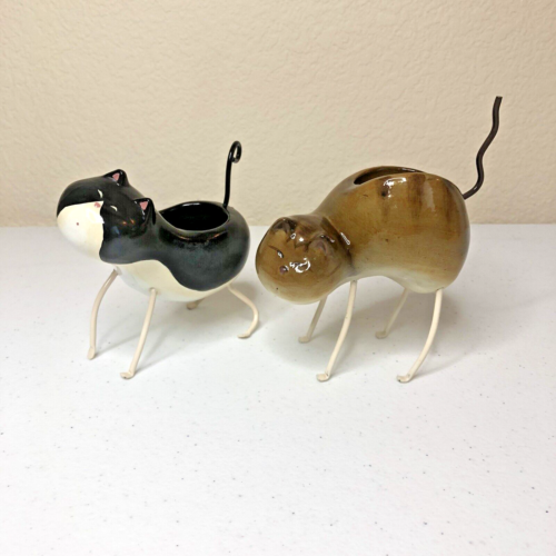 Whimsical Pair of Cat Tealight Candle Holders 5" Long 4" Tall Wire Legs Lot of 2 - Afbeelding 1 van 8