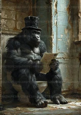 Gentleman Gorilla Art Print Victorian Primate Reading Funny Whimsical Animal K42