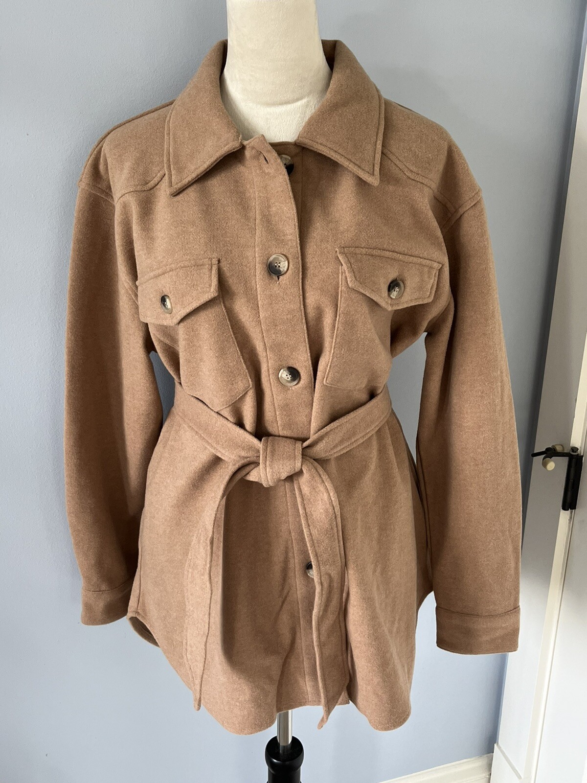 NEW 148 Joie Camel Tan Belted Pocket Mid Length Fuzzy Shacket Jacket