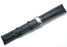 19mm Black/White Croco Embossed Leather Watch Band With Silver Push Button Clasp