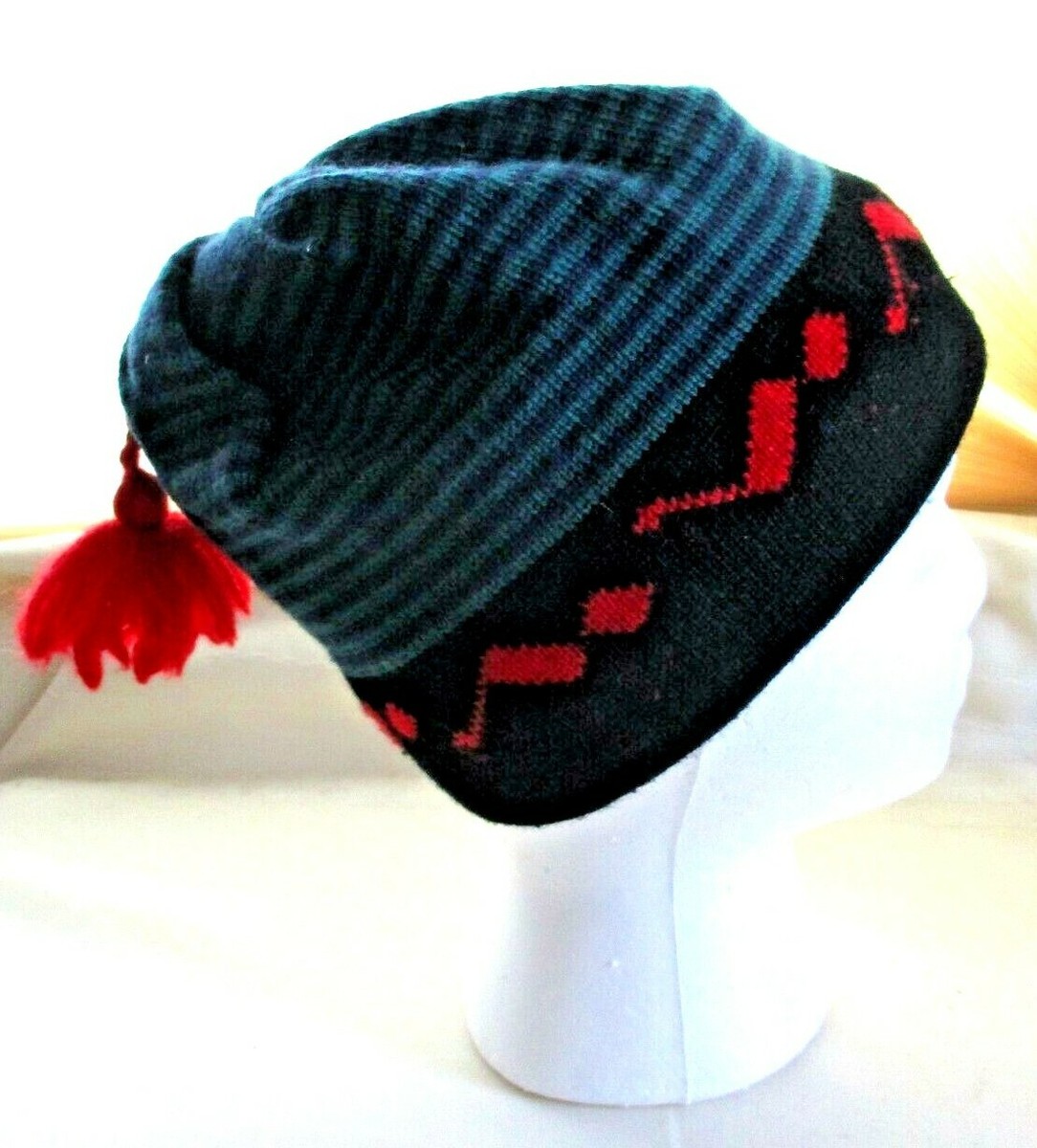 LL Bean Wool Ski Hat Tassel Beanie Adult Blue Green Red  display picture 3