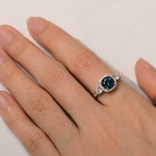 3Ct Round Cut Lab Created London Blue Topaz Engagement Ring 14k White Gold Over - Picture 4 of 7