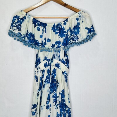 off shoulder dress saks fifth Saks Fifth Avenue Off-Shoulder Blue Tassel Split Floral Maxi Dress Size:  Small