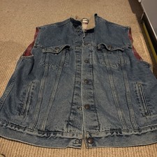 VTG Levi's USA Denim Trucker Snaps Plaid Lined Vest XL Distressed Collared