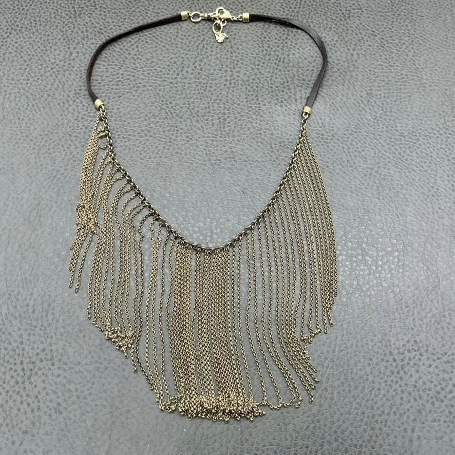 Collar Babero con Flecos Marca Lucky Antiguo Tono Dorado Cadena Cuero Cordón Mujeres Boho Foto 2 de 4