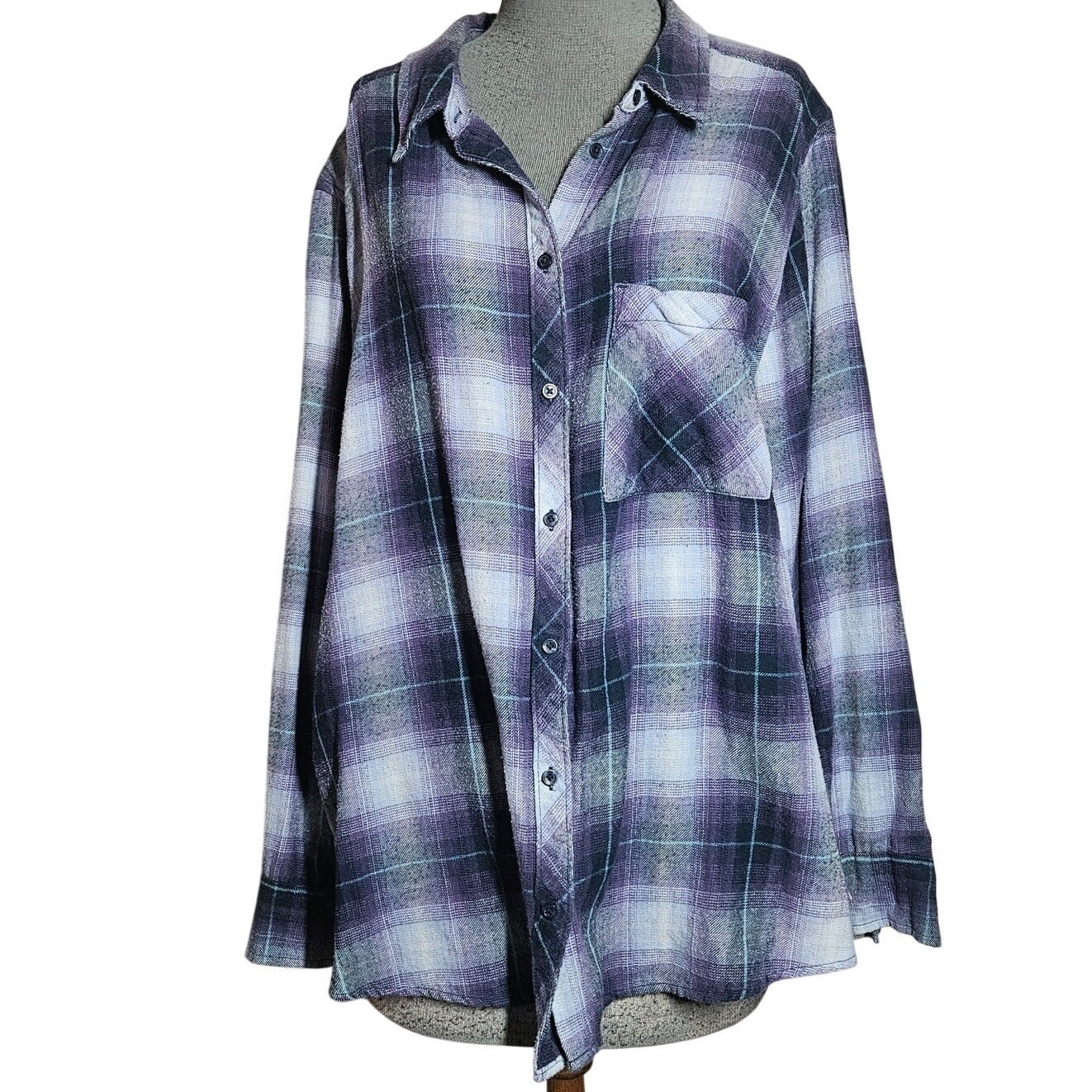 Purple Plaid Button Down Flannel Top Size XL - image 1