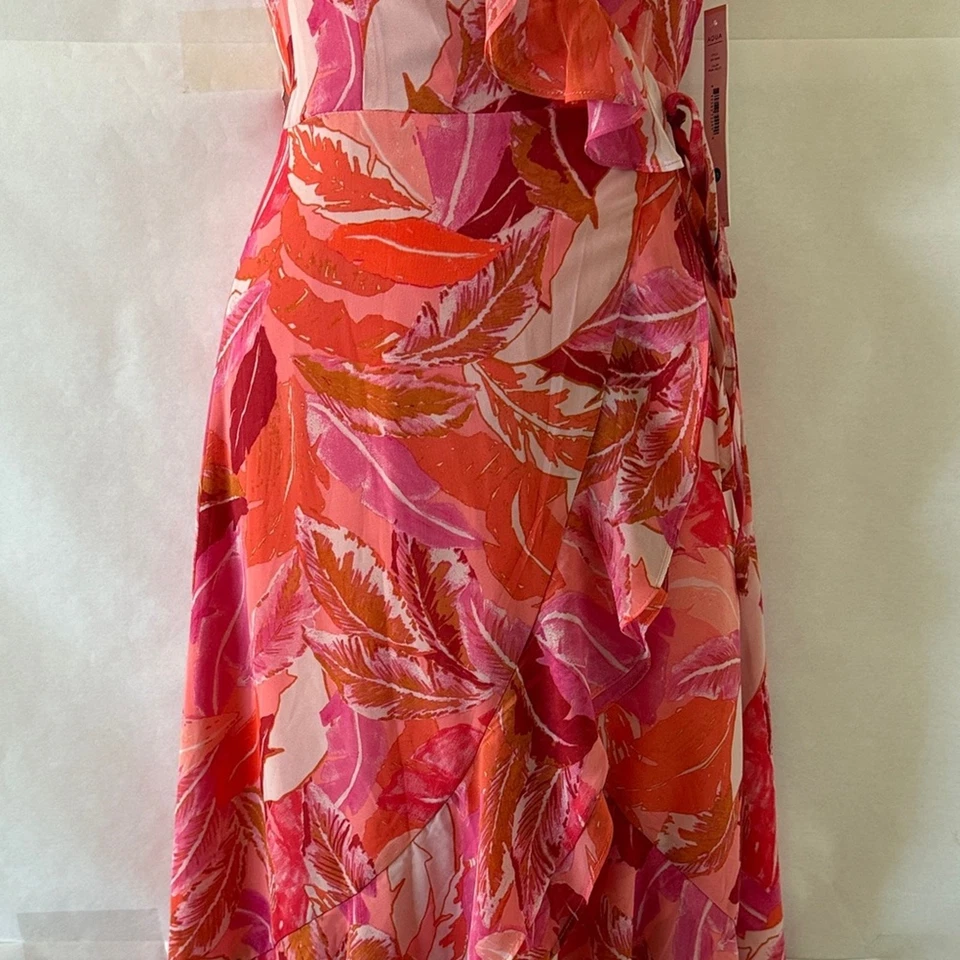 Maxi Vestido Aqua Wrap Talla XS Rosa Naranja Floral Volantes Nuevo con Etiquetas Alto Bajo Gasa Evento Foto 4 de 4