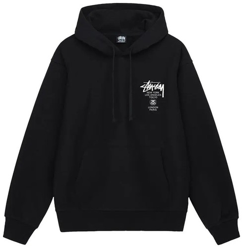 Stussy World Tour Pullover Hoodie Mens M Black Sweatshirt New