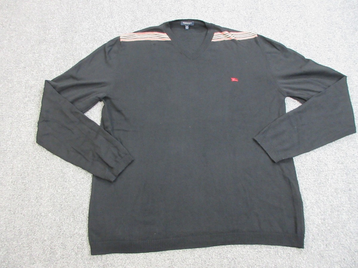 Burberry Sweater Mens XL Black Merino Wool Italy V Neck Pullover