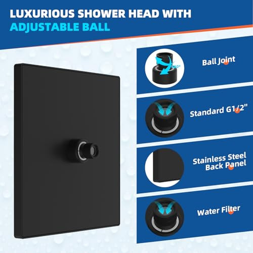 Thickness Metal Rain Shower Head, 12 Inch High Pressure Shower Heads, Square - Picture 5 of 7