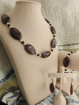 MASSIVE 125g 925 Artisan Sterling Red Creek Jasper, Tigers Eye & Pearl Set Of 3