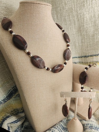 MASSIVE 125g 925 Artisan Sterling Red Creek Jasper, Tigers Eye & Pearl Set Of 3