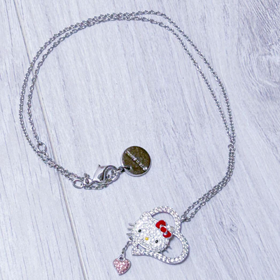 Swarovski Hello Kitty Heart Pendant Necklace Silver Pink Rare