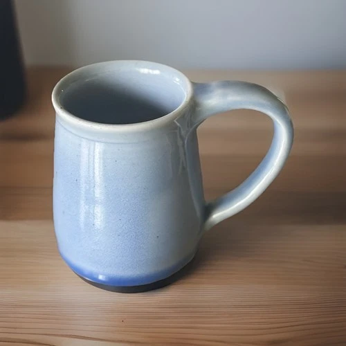 Handmade Studio Art Pottery Coffee Mug Cup, Light Blue Glaze, Signed 4” Tall