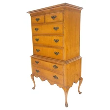 Queen Ann Tiger Maple 7 Drawers High Boy Dresser Solid Oak Dovetail Drawers NICE