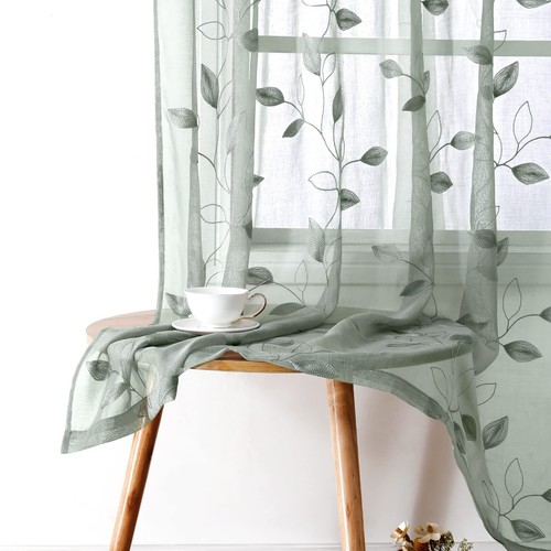 Sage Green Sheer Curtains 52 X 84 Inches Long 2 Panels Embroidered Leaf Patte...