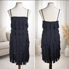 CACHE’ Black Tiered Square Fringe Party Dress Spaghetti Strap Evening LBD Sz 6