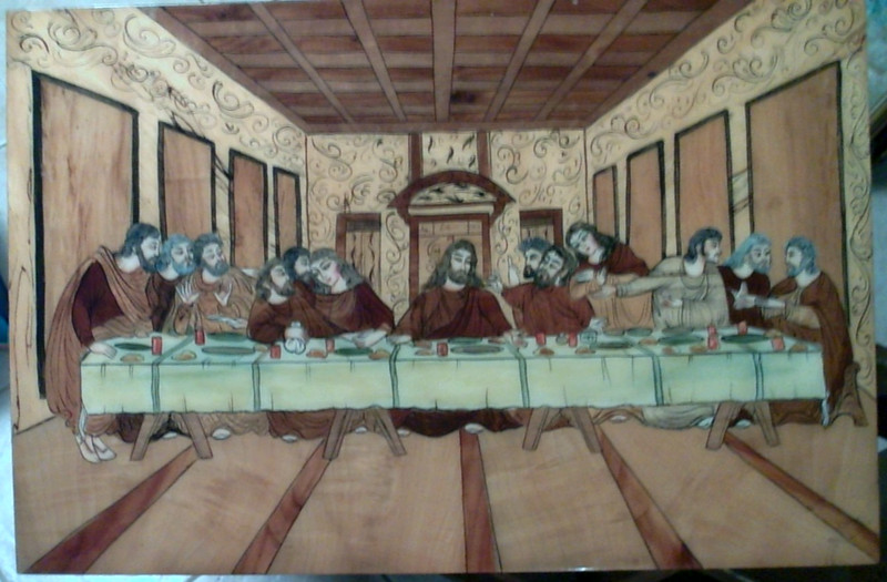 Vintage Inlaid Wood Wall Art Jesus Apostles The Last Supper 15 11/16 x 23 1/2"