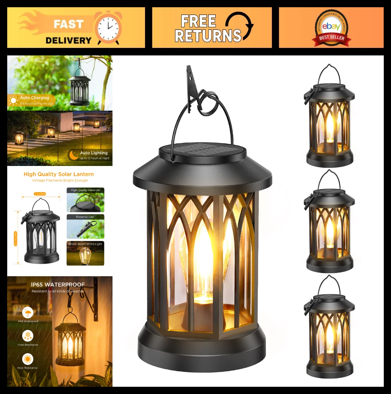 4 Pack Solar Lanterns Outdoor Lights - Bright Waterproof Hanging Solar Decor, 12