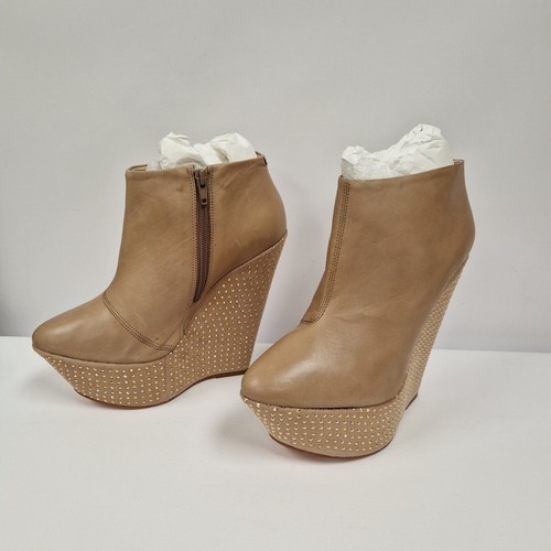 Topshop Ankle Boots UK 7 Platform Leather Wedge Studded Drag Queen Bondage Nude - Picture 2 of 12