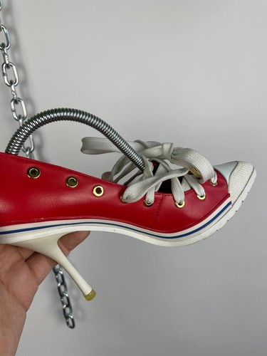 Moschino Italy Leather Pumps Heeled Sneakers Red White Lace-Up Size 39 US 8.5 - Picture 6 of 17