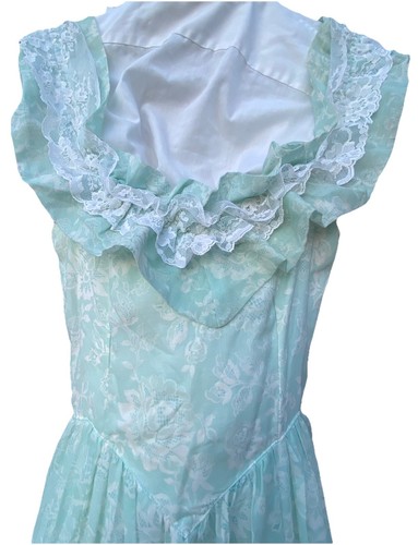 Vtg Jessica McClintock Bridal Dress Ruffle Lace Neck V-Waist Mint Floral BOHO - Picture 2 of 16