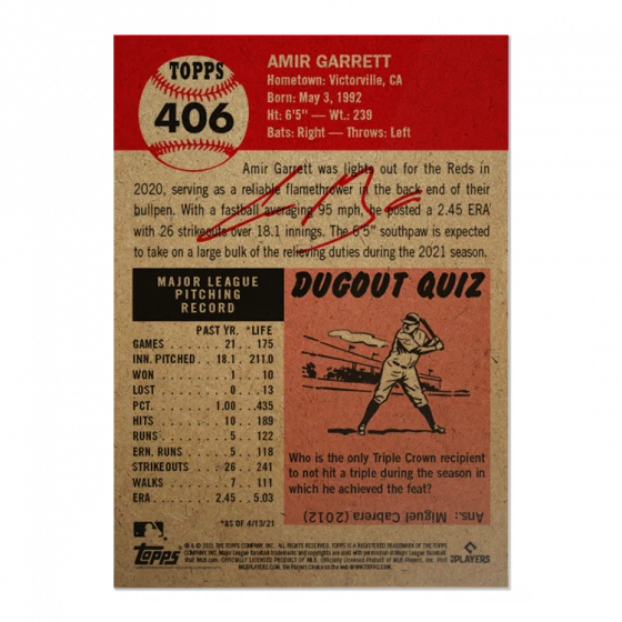 2021 Topps Living Set #406 Amir Garrett - Image 2 of 2