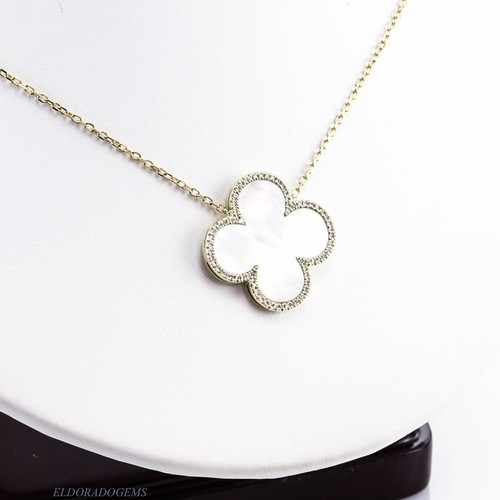 1.00 CT. GENUINE DIAMOND MOTHER OF PEARL CLOVER PENDANT CHAIN NECKLACE 14K GOLD - Picture 2 of 9