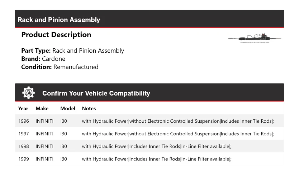 For 1996-1999 INFINITI I30 Rack and Pinion Assembly Cardone 1997 1998 - Image 2 of 4