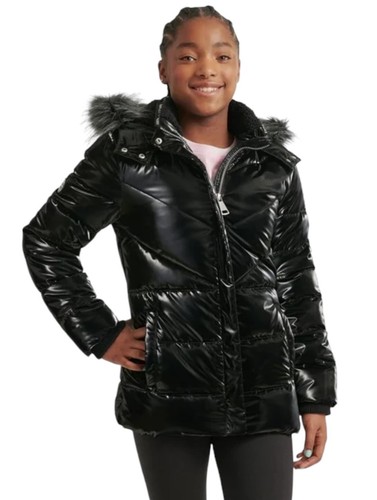 Justice Girls Puffer Jacket Black 12/14 Sherpa Lined Full Zip Hood Pockets Logo - Picture 7 of 10