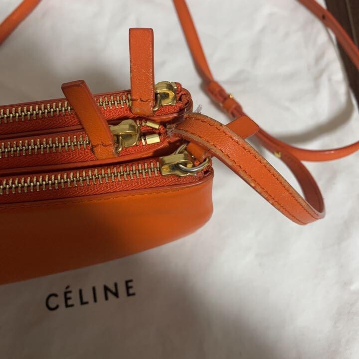 Authentic Celine Women's Shoulder Bag Leather Orange Trio Large Pre-loved Used