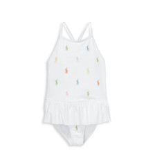 Ralph Lauren Girls Logo Embroidered Ruffle One-Piece Swimsuit White Multi Size 7