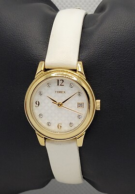 Ladies Timex Luxury Round Gold Tone White Leater Band Textured Dial Watch H2