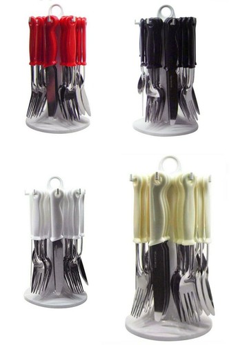 24 PCs CUTLERY DINNER SET RACK METAL FORK TEA SPOONS Stainless Steel ROUND STAND - Picture 2 of 13