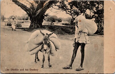 Postcard The Dhobie and His Donkey; Native Washerman Street Scene India  Bf