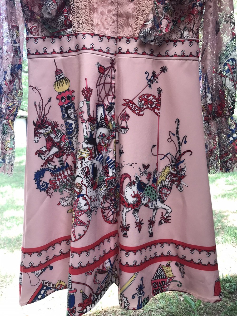 DALIA MACPHEE Lace Printed Fit and Flare Silk Dress S Pink Multi D739 | eBay