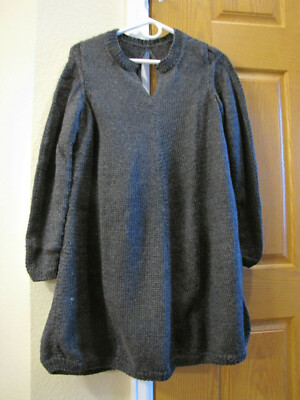 Women Handmade Knitted Dark Gray Fit and Flare Dress Crew Neck Long Sleeve Tunic