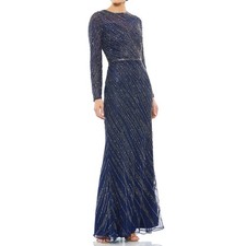 Mac Duggal 5240 Navy Long Sleeve Beaded Column Gown 8 Full Length Evening Formal