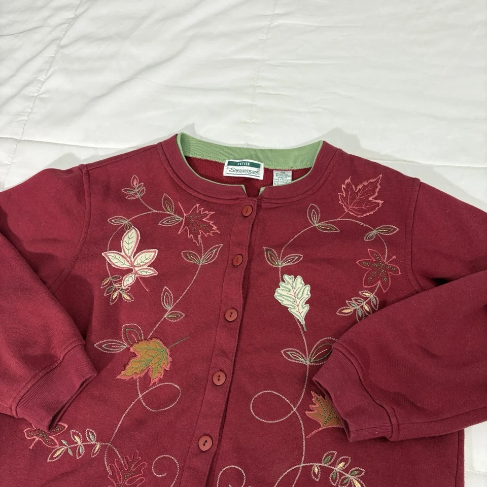 Cárdigan Suéter Vintage Shenanigans Botón Rojo Hojas de Otoño Pequeño Mediano PM Foto 2 de 4