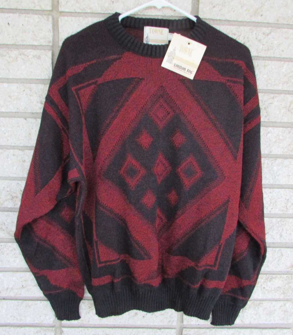 London Fog Towne Men's Med Geometric Print Knit Crewneck Sweater Vintage 90s USA
