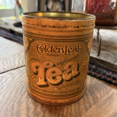 Vintage Golden Leaf Ceylon Tea Advertising Tin, 1951, Gold & Brown No Lid