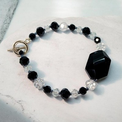 Bold Art Deco Style Handmade Bracelet - Jet Black Hexagon & Clear Faceted Beads