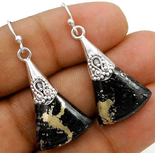 Natural Golden Pyrite In Magnetite 925 Sterling Silver Earrings, 1" Long @1-2
