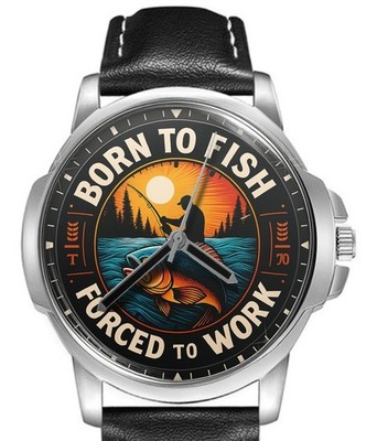 Born To Fish Fishing Lover Leather Strap Big Dial Gift Wrist Watch