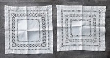 Pair Antique Handmade Farmhouse Cream Linen Open Cutwork Lacework Handkerchiefs